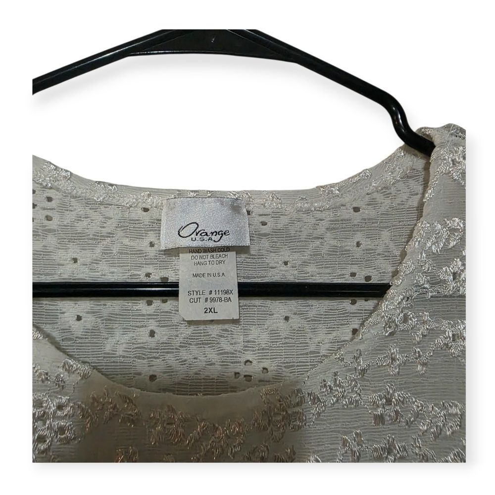 🦫 Orange U.S.A. White Vintage Eyelet Lace Semi-sheer Blouse Short Sleeve 2XL - Picture 3 of 5